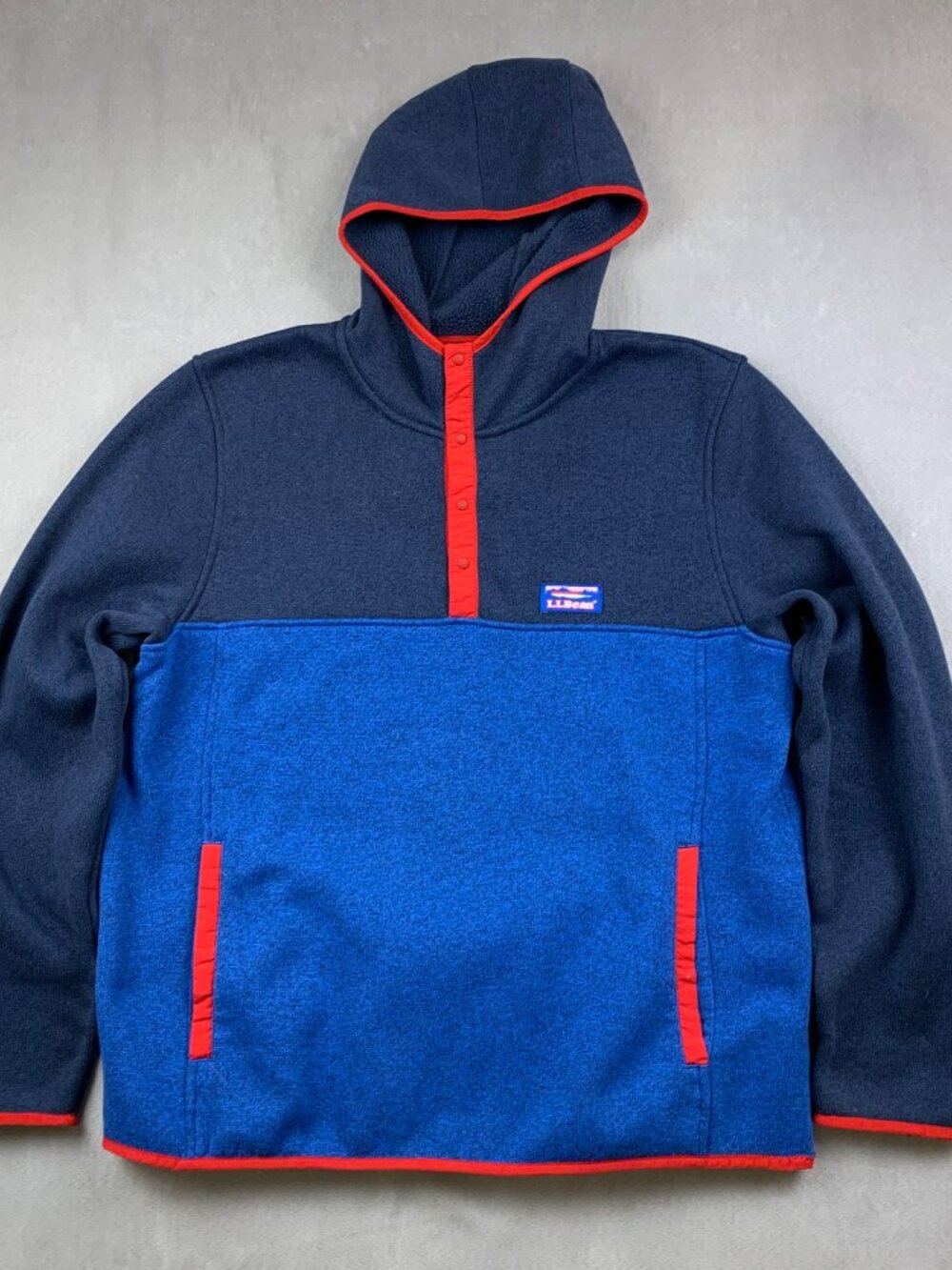 LL Bean Mens Large Blue Sweater Fleece Pullover Hoodie Colorblock Long Sleeve